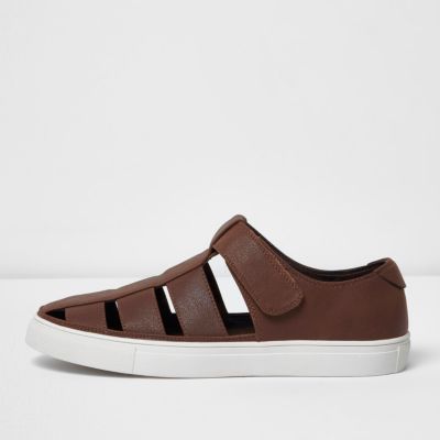 Brown faux leather cut out sandal trainer